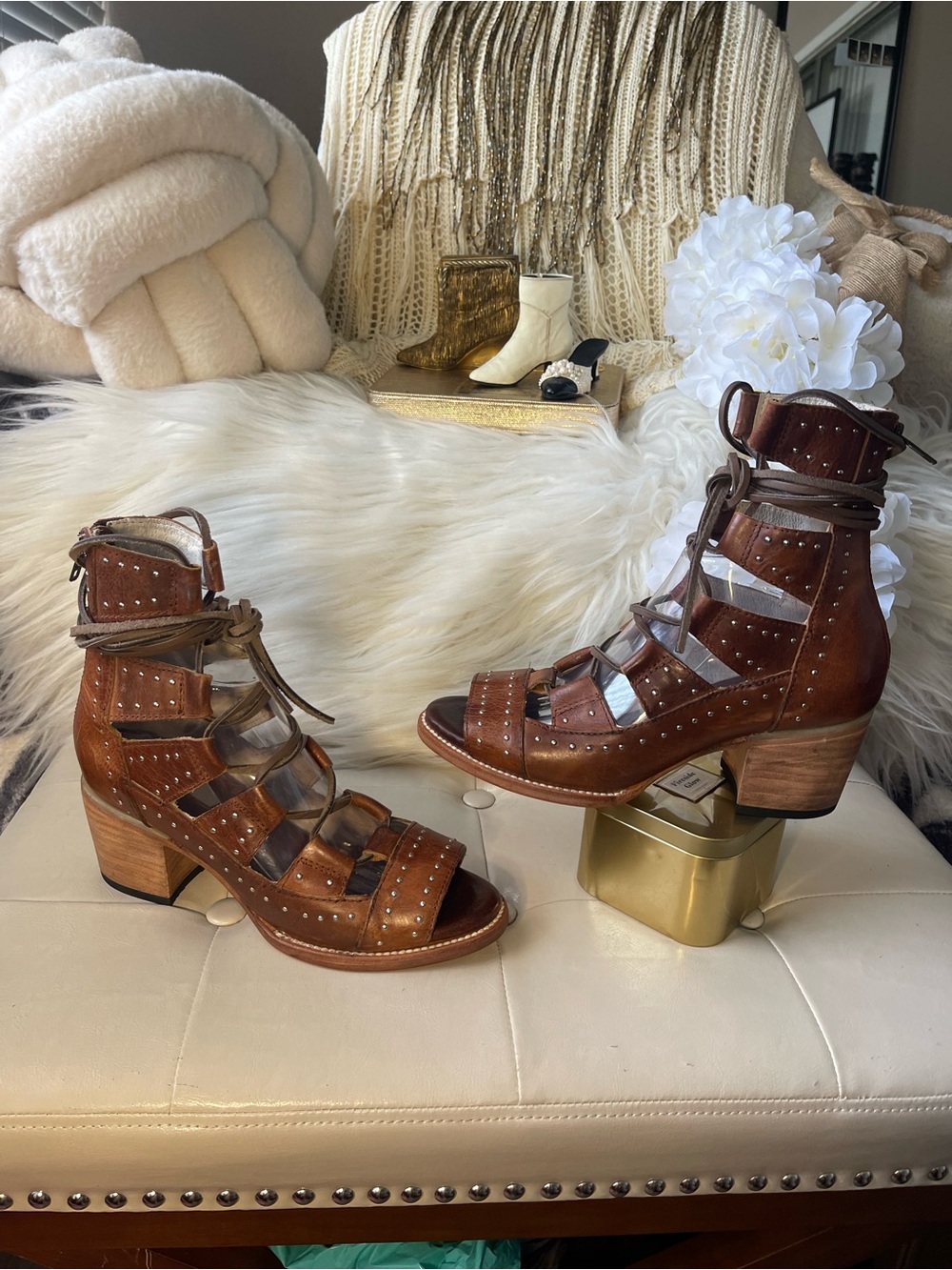Freebird RETIRED “Hazel” Studded Gladiator Studded Gladiator Sandals in Cognac